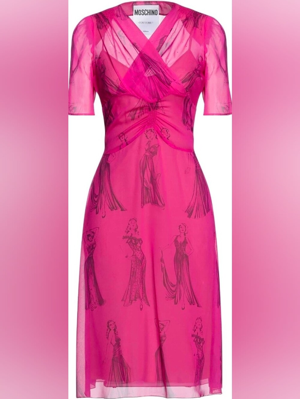 MOSCHINO® Couture! Fuchsia Pink Sketch-Print Chiffon Silk Midi Dress | Size 6